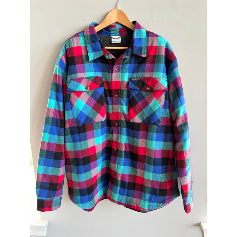 Columbia Men’s Sherpa Lined Flannel Shirt Jacket Plaid Multicolor Teal Pink XL